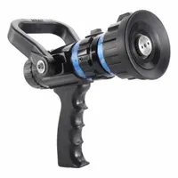 Aluminum body fog nozzle with NST threads and swivel base. Single gallonage operation with shutoff handle control for fog or straight stream patterns. Used in firefighting and industrial fire suppression for structural attack and high-heat environments