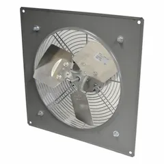 16-inch panel exhaust fan with a 1/3 hp single-phase motor delivering 2,570 cfm at 115V AC. Features a powder-coated steel frame, galvanized steel blade, totally enclosed air-over motor, and intake guards. Suitable for general ventilation in industrial and commercial spaces to remove heat, fumes, and stale air.