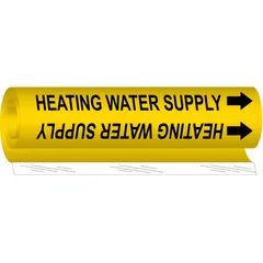 Yellow wrap-around pipe marker with black legend text reading 'Heating Water Supply' and directional arrows. Fits pipe outer diameters from 2-1/2 to 7-7/8 inches. Used to identify hot water supply lines in piping systems.