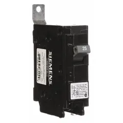 Single-pole miniature circuit breaker rated 25 A at 120/240V AC, part of the BL Series. Provides overcurrent protection for single-phase electrical systems. Designed for bolt-on installation in Siemens P1 panelboards. Maximum interrupting rating of 65 kA at 120V AC.