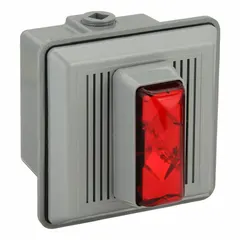 Wall-mount horn alarm with integrated strobe light for audible and visual notification. Operates at 120V AC with wire-lead connections. Dimensions: 5 1/2 in width, 5 1/2 in length, 5/8 in height. Suitable for industrial fire-alarm and safety-warning systems.
