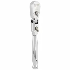 This MILWAUKEE flex-head ratchet features a chrome finish and a reversible pear-head design. With a 5-3/4 in overall length and a 4° minimum arc swing, it is suited for tightening and loosening fasteners in confined spaces where a straight handle cannot swing. Commonly used in automotive, industrial, and maintenance applications.