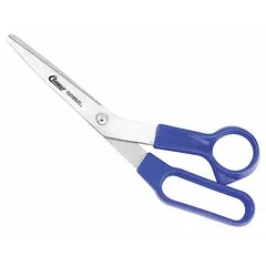 These offset plastic-handle scissors feature a straight, pointed stainless steel blade with an overall length of 8 1/2 inches and a blue handle. Designed for ambidextrous use, they are suitable for general cutting tasks such as trimming stems and light materials in horticultural and industrial settings.