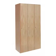 This solid wood wardrobe locker is constructed from plywood with a light wood finish. It features a 1-tier, 3-units-wide configuration and includes a keyed lock. Suitable for employee changing rooms, schools, and offices where secure storage for hanging garments and personal items is required.