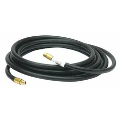 This PVC airline hose is designed for use with supplied-air respirator systems. It has a 25 ft length, 3/8 in inside diameter, and a maximum working pressure of 125 psi. The hose connects a compressed air source to a respirator hood or mask for continuous airflow.