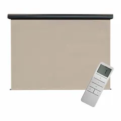 Motorized outdoor shade from the Regal Series, featuring a light brown fabric with 8 ft height and 7 ft oil-rubbed bronze valence. Operated via remote control and secured with a cable tie-down system. Suitable for patios, pergolas, and decks to block sun and UV rays while allowing airflow.