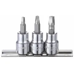 This 25-piece square bit socket set includes 10 pieces with a tip size range of R2 to R4, SAE. Designed for a 3/8 in drive, it is used for driving square recess fasteners in maintenance, assembly, and repair tasks.