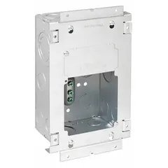 This RACO 2-gang steel electrical box is designed for mounting switches, receptacles, or data outlets. With a depth of 3-1/4 inches, width of 5-1/2 inches, and height of 3-1/2 inches, it accommodates standard wiring devices. The box is supplied without clamps or brackets, allowing for flush-mount or custom installations where separate components are preferred.