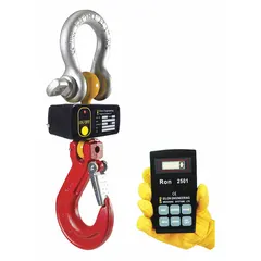 This crane scale has a 3,200 lb weight capacity with +/-0.1% accuracy and 2 lb readability. The alloy steel housing provides structural integrity for industrial weighing applications. A wireless remote indicator enables safe load viewing from a distance. Complies with CE standards.