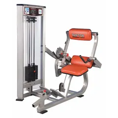 Powder-coated steel frame in gray and orange with vinyl upholstery. Overall length 66 inches. Used for lower back strength training and rehabilitation in fitness and clinical settings.