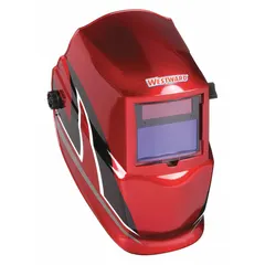 Auto-darkening welding helmet with nylon shell and black/red/white graphics. Features analog ADF controls, 2 arc sensors, shade range W9-13, and grind mode. Viewing area 3.82 in x 1.85 in. Ratchet suspension adjustment. Suitable for welding, grinding, and cutting applications.