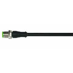 Single-ended cordset with a black PVC jacket for flexing applications. Features an M12 male straight connector on one end and bare wire on the other. Rated IP65 with 4 pins, 22 AWG wire, 0.3 m cable length, and 4 A maximum current. Suitable for connecting sensors or actuators in factory automation and material handling.