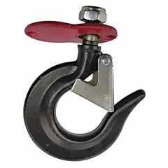 This top hook assembly is designed for use with electric chain hoists. It includes a latch for secure attachment and has a compatible load capacity of 500 lb. Suitable for overhead lifting applications in industrial environments.