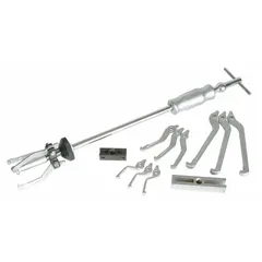 This slide hammer jaw puller set is used for removing gears, bearings, pulleys, and other press-fit components. It features a convertible 2- and 3-jaw configuration with a 2-way cross head for both internal and external pulling applications. The set has a jaw spread range of 2 3/8 in to 6 1/4 in, a length of 1 3/4 in, and weighs 2.5 lb.