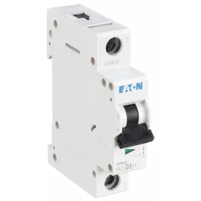 EATON Supplementary Protector: 3 A Amps, 48V DC, 15kA at 240/415V AC, Lug, FAZ - D-Curve, 1-Pole UL1077 DIN Rail-Mount Supplementary Protectors