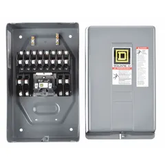 Enclosed electrically held lighting contactor for centralized control of lighting circuits. Features 12 poles rated at 30 A with a 120V AC coil. Suitable for switching large-area lighting loads in commercial and industrial buildings such as warehouses, parking lots, and manufacturing facilities.