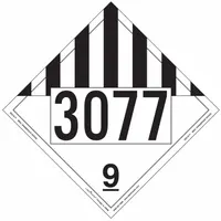 Vinyl placard measuring 10 3/4 in x 10 3/4 in, displaying UN number 3077 for Class 9 miscellaneous hazardous materials. Supplied in a 25-pack. Used to identify shipments containing environmentally hazardous substances or other miscellaneous dangerous goods during transport