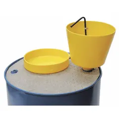 Manual-closing lidded funnel made of yellow polypropylene for use with drums. Measures 11 1/2 x 13 in. No flame arrester. Suitable for transferring liquids into drums in industrial fluid handling applications.