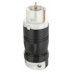 Non-NEMA locking connector rated for 250V AC and 50 A. Features 2 poles and 3 wires in a black/white housing. Suitable for industrial and commercial applications requiring a secure twist-lock connection for high-current equipment such as generators, welders, or temporary power distribution.