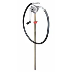 Manual rotary-action pump designed for transferring fuels, oils, and other non-corrosive fluids. Delivers a maximum flow rate of 16 oz per stroke. Includes an attached hose for convenient dispensing. Suitable for use where powered pumps are unavailable or impractical.