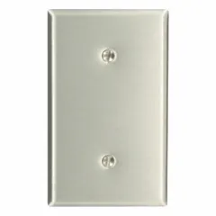 Blank wall plate for covering unused electrical boxes or finishing installations. Single gang, standard size, made of stainless steel for corrosion resistance. Suitable for indoor residential and light-commercial applications.