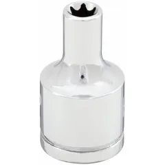This 3/8" drive external Torx hand socket is designed for tightening or loosening E7 Torx fasteners. The chrome finish provides corrosion resistance. It is a standard, non-tether-capable socket suitable for general maintenance and repair tasks.