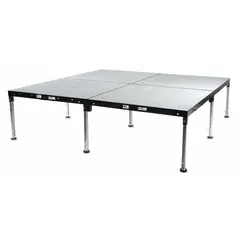 This adjustable-height stage system provides a temporary elevated platform for events, performances, and industrial staging. The package includes 100 modular wood decks, forming a 40 ft by 40 ft surface. The stage can be configured to various heights up to 2.3 ft.