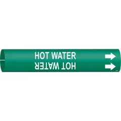 This snap-on pipe marker identifies hot water piping in industrial facilities. Green and white with directional arrows, it fits pipe outer diameters from 1 1/2 to 2 3/8 inches. The marker aids in quick identification of hot water lines for maintenance and safety compliance.