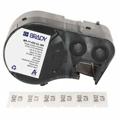 Thermal transfer precut label roll cartridge containing 280 acrylic, permanent adhesive labels measuring 1/2 in x 1 in. Integrates label and ribbon in a single cartridge for one-step installation. Compatible with M511 printer series. Used for industrial identification and labeling.