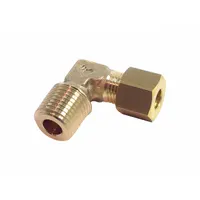 Brass compression fitting adapter with 1/8 in NPT male thread and 8 mm OD compression end. Standard sleeve type for connecting metric tubing to NPT ports in fluid systems