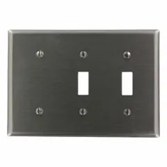 This 3-gang combination wall plate from LEVITON is made of stainless steel with a silver finish. It is designed to cover and organize multiple electrical devices, such as switches and outlets, in a single wall opening. Suitable for standard-size installations in commercial and residential settings.