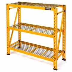 This light-duty bulk rack measures 49 5/8 in wide by 18 in deep by 47 5/8 in high and includes three metal shelves. The wire decking allows visibility and ventilation for stored items. Suitable for organizing boxes, tools, and supplies in warehouses, workshops, and garages.