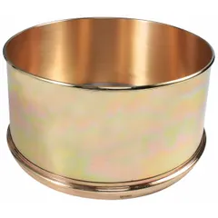 This brass sieve pan from HUMBOLDT has a 12-inch overall diameter and 6-inch overall depth. It is used in particle size analysis to collect fines passing through a stack of test sieves, separating and classifying granular materials by size.