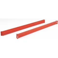 This roll-formed step beam is designed for use in teardrop-style pallet rack systems. It serves as a horizontal load-bearing beam to support palletized storage in warehouses and distribution centers. The orange finish provides visibility in industrial environments.