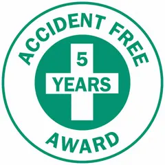 2-inch diameter non-reflective safety label recognizing a 5-year accident-free milestone. Pack of 4 labels printed in English. Applied to hard hats in industrial environments to promote safety culture.
