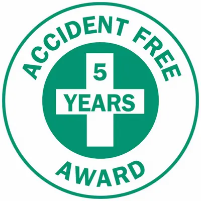 BRADY Hard Hat Label: Accident Free 5 Years Award, 2 in Dia, English, Non-Reflective - Safety