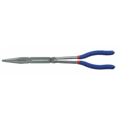 These long-reach needle-nose pliers have a 3 7/8 in jaw length and 1/8 in tip width, providing access to confined spaces. The 13 1/2 in overall length extends reach for gripping, bending, and cutting tasks in electrical, mechanical, and assembly applications.