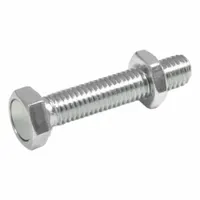 Hex-head stop bolt with retaining magnet and lock nut, M10 thread size. Bolt and nut are zinc plated steel. Used for positioning and retaining workpieces in industrial machining and assembly setups