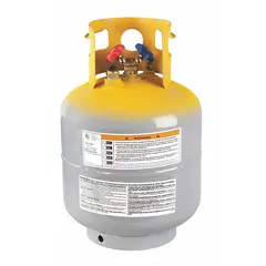 This ROBINAIR refrigerant recovery cylinder is used to capture and store refrigerant from air conditioning systems during service, maintenance, or decommissioning. It safely contains the refrigerant for subsequent recycling or disposal.