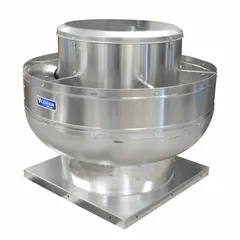 Belt-drive kitchen air exhauster for wall mounting in high-static-pressure applications. Unassembled unit with square base, 21 1/4 in wheel, variable-speed standard motor. Delivers 2,900 to 6,100 cfm. Supplied without drive package.