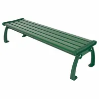 This vandal-resistant resinwood bench from the Heritage series features a green plank surface, green seat, and green frame. Overall length is 72 inches and height is 17 inches. Suitable for outdoor seating in public parks, campuses, and commercial landscapes