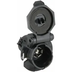 This 7-way T-connector is designed for wiring a trailer's lighting and brake system to a GM tow vehicle. Constructed from PVC, it includes grease for corrosion protection. Commonly used in fleet and vehicle maintenance for connecting trailer electrical systems.