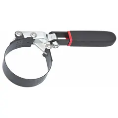 This oil filter wrench features a steel strap with a 1-inch width for gripping spin-on oil filters. Constructed from alloy steel, it is used for removing oil filters in automotive and machinery maintenance.