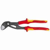 Insulated V-jaw tongue and groove pliers with push-button adjustment. Max jaw opening 2 in, overall length 10 in, jaw width 1 1/8 in. Suitable for gripping and turning pipes, nuts, and fittings in electrical and plumbing applications