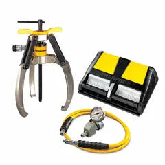 Hydraulic ram puller set with 10 ton cylinder nominal capacity. Includes attachments and air pump for removing bearings, gears, and press-fit components in industrial maintenance and repair applications.
