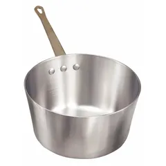 Aluminum sauce pan with straight body and chrome-plated riveted steel handle. Suitable for heating, simmering, and preparing sauces, soups, and side dishes in commercial foodservice settings. NSF certified.