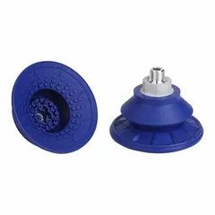 Bellows type vacuum pad assembly with 1.5 folds, G1/4 in connection, and 89 mm pad diameter. Made of NBR material in blue with 60 A durometer. Used for handling curved or uneven surfaces in automated pick-and-place operations.