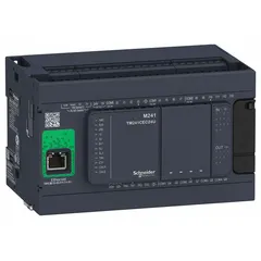 Programmable logic controller with 14 discrete inputs, 4 transistor outputs, and 6 relay outputs. Operates on 100 to 240V AC power and includes a built-in clock. Used for industrial automation and machine control in applications such as packaging, material handling, and assembly lines.