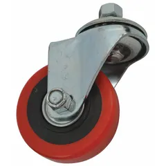 This red swivel caster is an accessory for hand trucks, designed to facilitate directional changes when moving loads. It has an overall height of 5 1/8 in, width of 2 5/8 in, and overall length of 3 7/8 in. Commonly used in warehouses and distribution centers to improve maneuverability of carts and dollies.