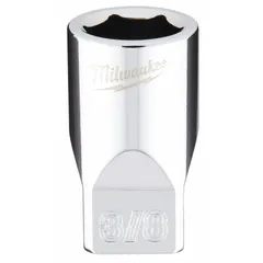 This MILWAUKEE hand socket features a 6-point design for secure engagement with hex fasteners. With a 1/4 in drive and 3/8 in socket size, it is suited for manual fastening tasks in maintenance and assembly. The chrome finish resists corrosion, and the anti-roll profile prevents the socket from rolling on work surfaces.